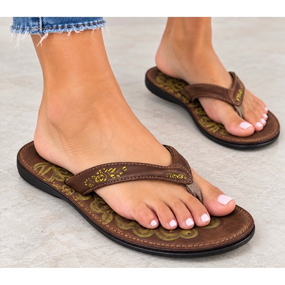 Teva Olowahu Brown Leather Green Floral Flip Flop Sandals Womens 9